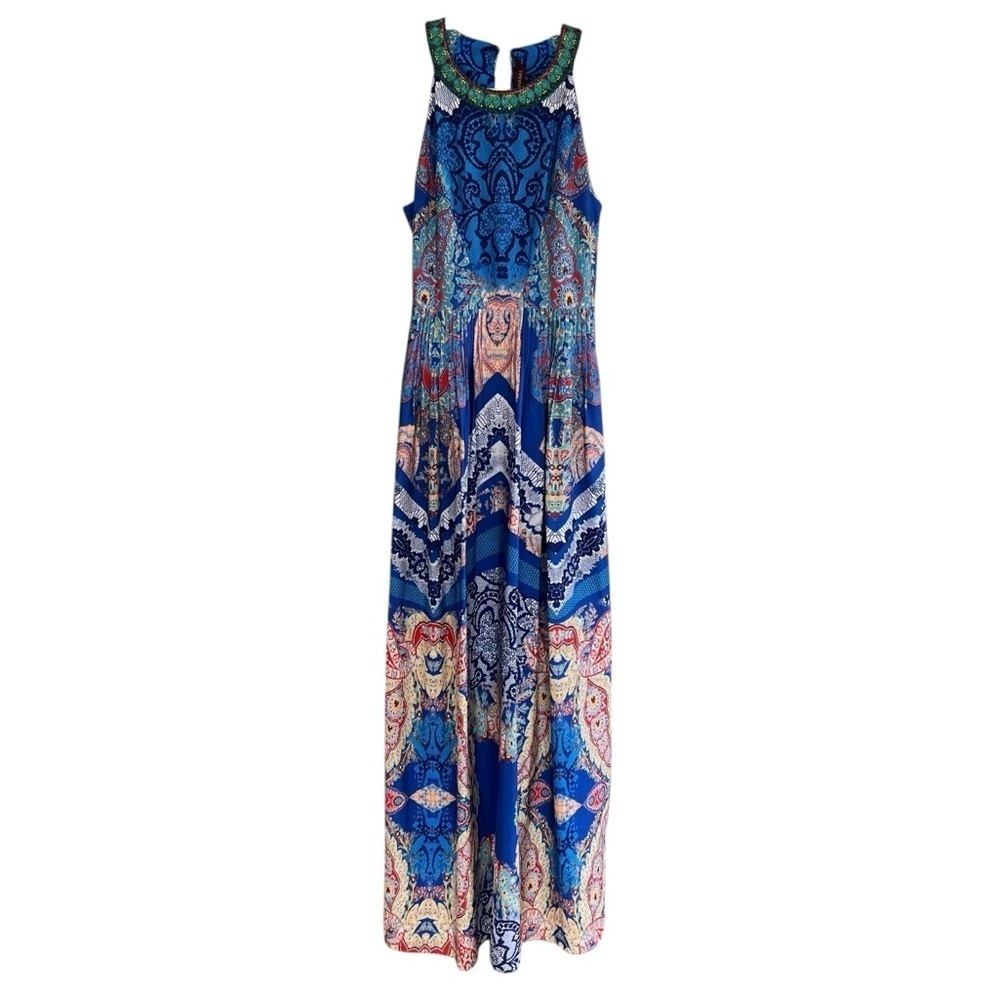 Rana Gill Anthropologie Jewel Embellished Maxi Dress Blue Multi 2 Boho Colorful